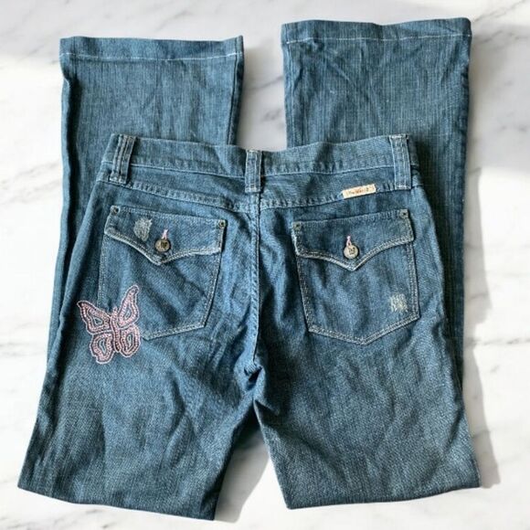 Frankie B. Butterfly Flare Jeans Women's Size 8 Tall Y2K Bling Hippie Boho Blue - Picture 3 of 13